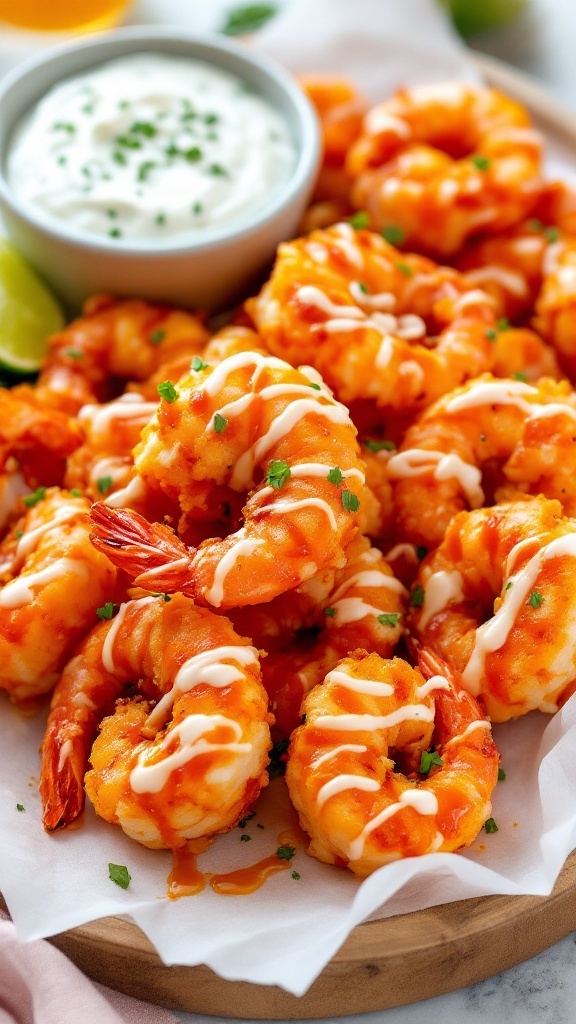 Buffalo shrimp drizzled with sauce and served with blue cheese dip