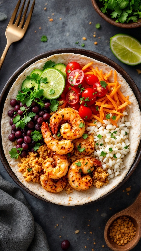 Colorful Chipotle Shrimp Burrito Bowl with shrimp, rice, veggies, and lime