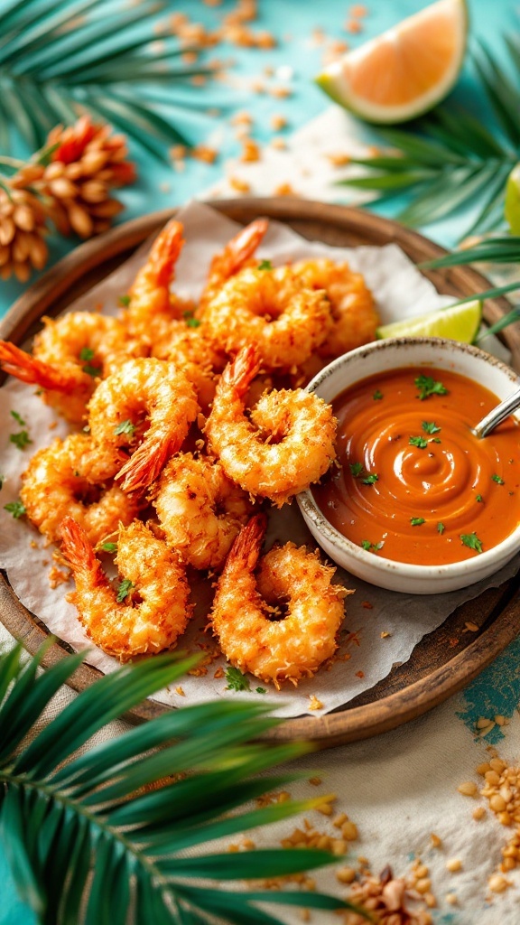 A plate of crispy coconut shrimp served with sweet chili sauce, garnished with lime and herbs