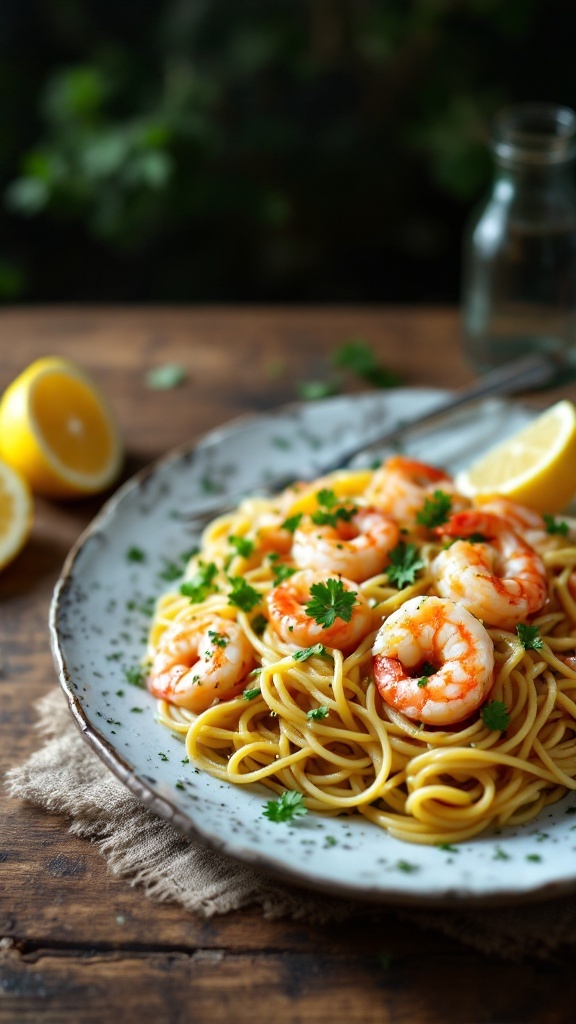 A plate of garlic butter shrimp pasta garnished with parsley and lemon slices.