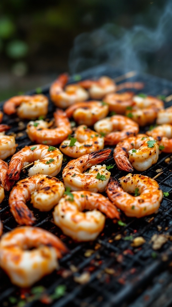 Grilled shrimp skewers with garlic marinade on a grill.