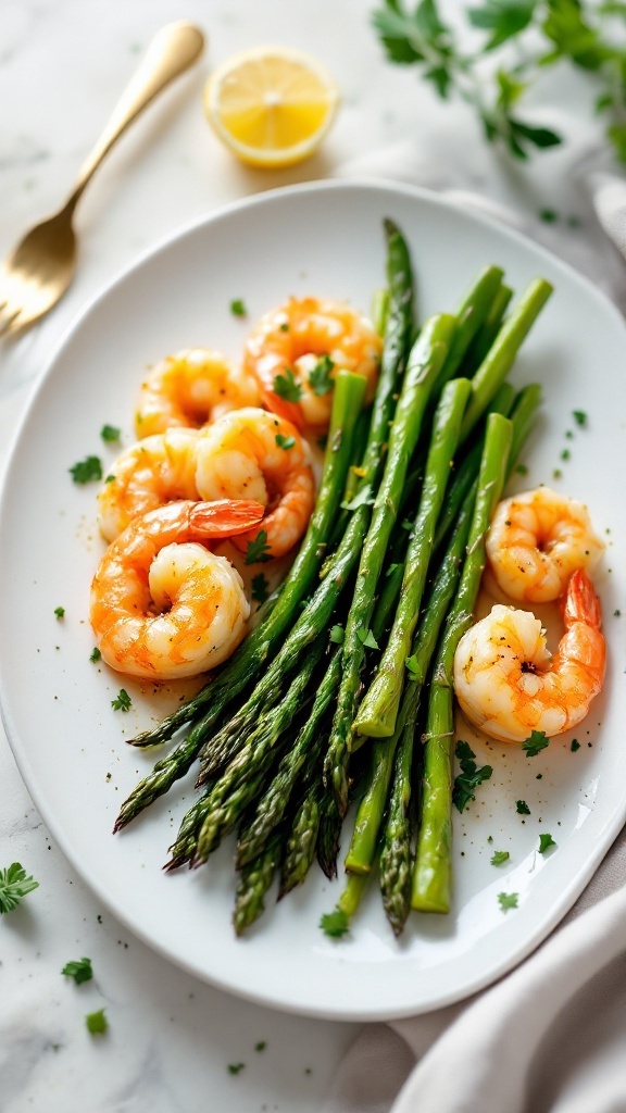 A plate of Lemon Garlic Shrimp with Asparagus, garnished with parsley and a lemon wedge.