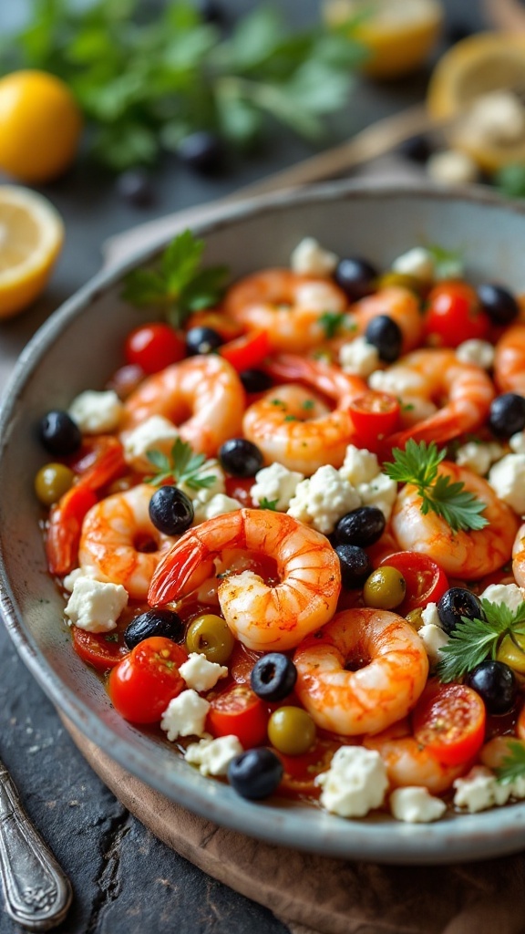 A vibrant dish of Mediterranean shrimp with feta, olives, and cherry tomatoes garnished with herbs.