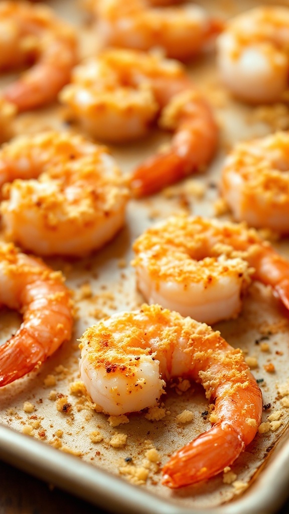 Oven-baked shrimp with Parmesan crust on a baking sheet