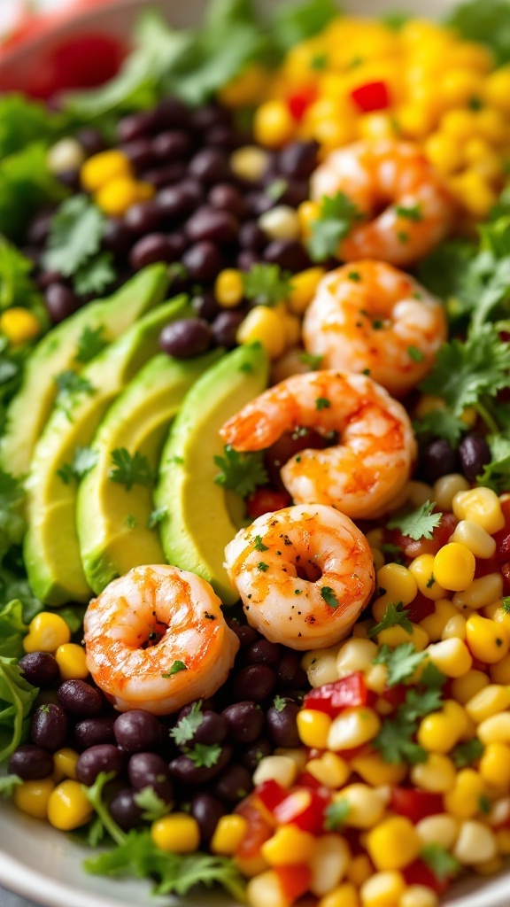 A colorful shrimp and black bean salad with shrimp, avocado, black beans, corn, and cilantro.