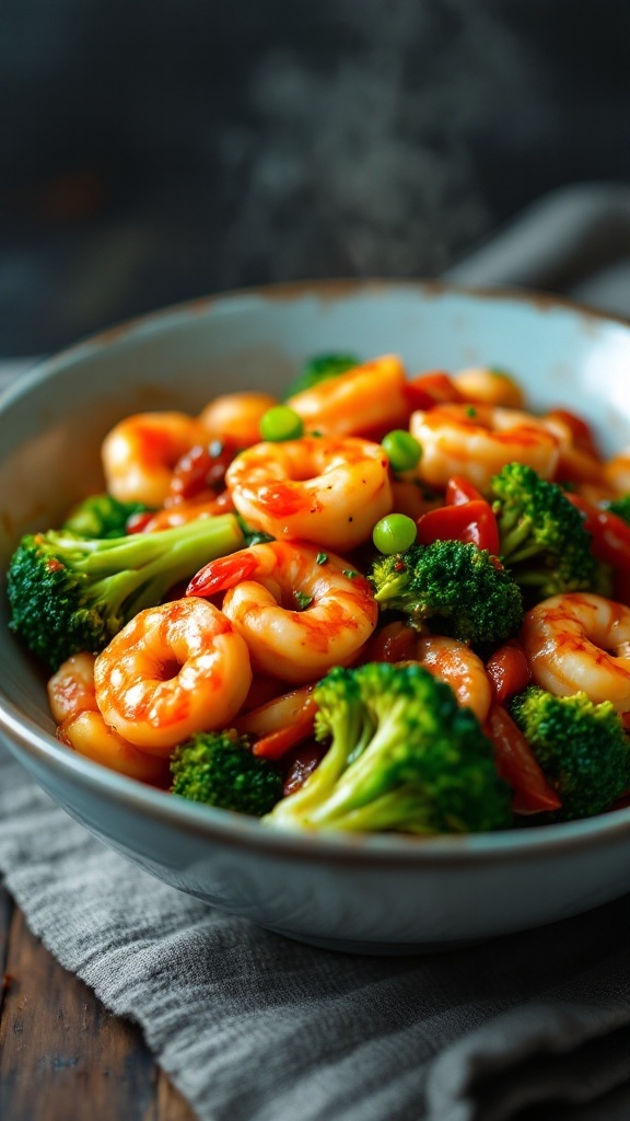 A bowl of shrimp and broccoli stir-fry, featuring vibrant shrimp and green broccoli in a savory sauce.