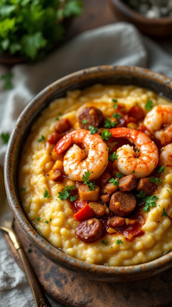 A bowl of shrimp and grits topped with spicy sausage, garnished with parsley.