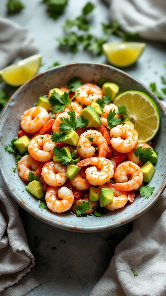 A bowl of shrimp ceviche with avocado and lime, garnished with cilantro