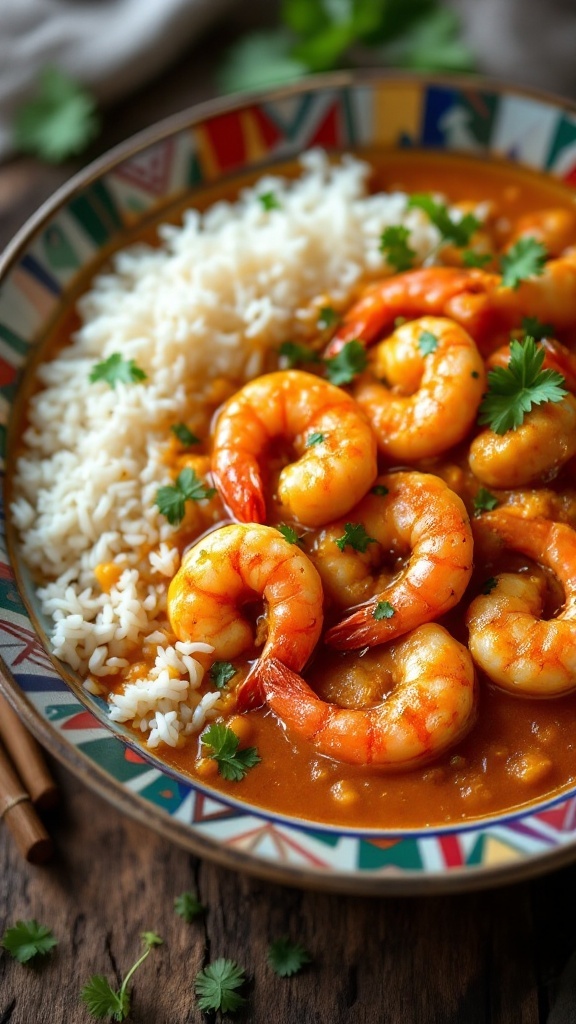 A bowl of shrimp curry with coconut milk served with white rice, garnished with cilantro.