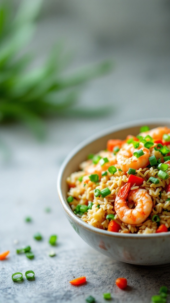 A bowl of shrimp fried rice with vegetables, garnished with green onions