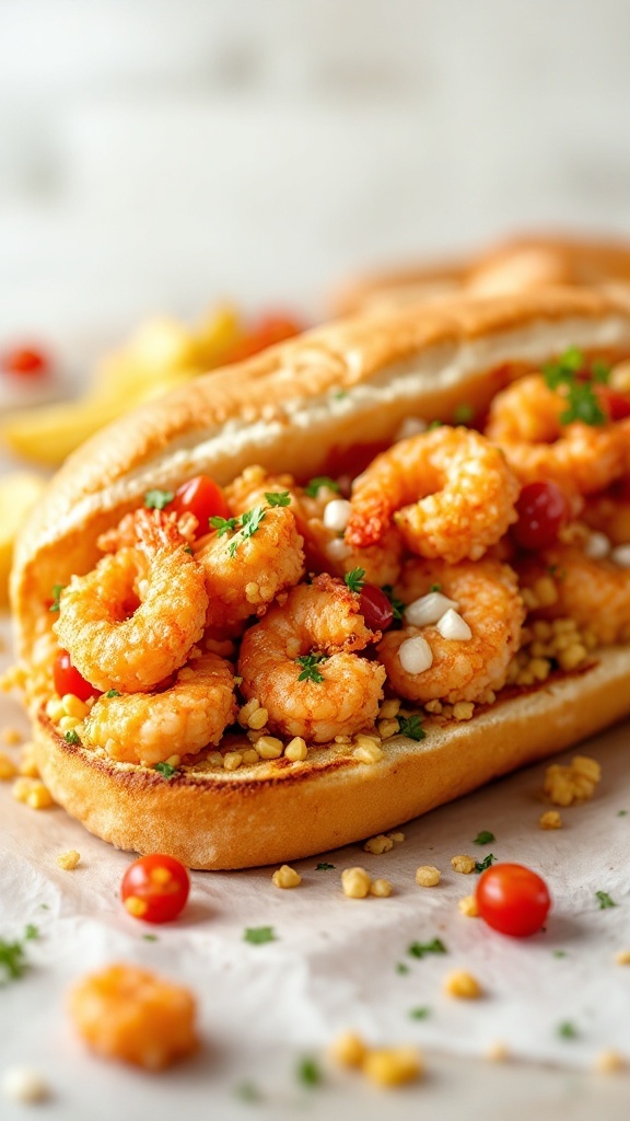 A Shrimp Po' Boy Sandwich filled with crispy shrimp, cherry tomatoes, and herbs on a toasted hoagie roll.