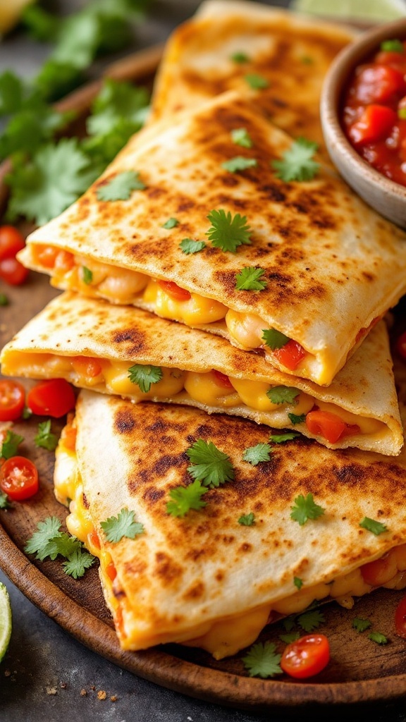 A close-up of golden-brown shrimp quesadillas stacked on a wooden plate, garnished with fresh cilantro and cherry tomatoes.