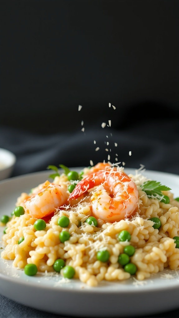 A plate of shrimp risotto with peas and grated parmesan on top