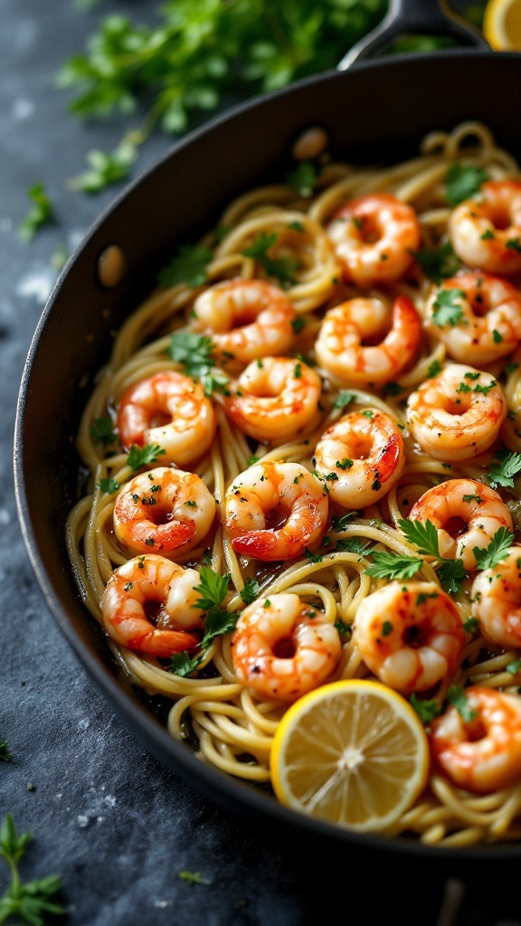 A skillet filled with shrimp scampi on top of spaghetti, garnished with parsley and lemon slices.