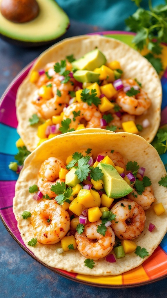 Colorful spicy shrimp tacos topped with mango salsa and avocado on a plate.