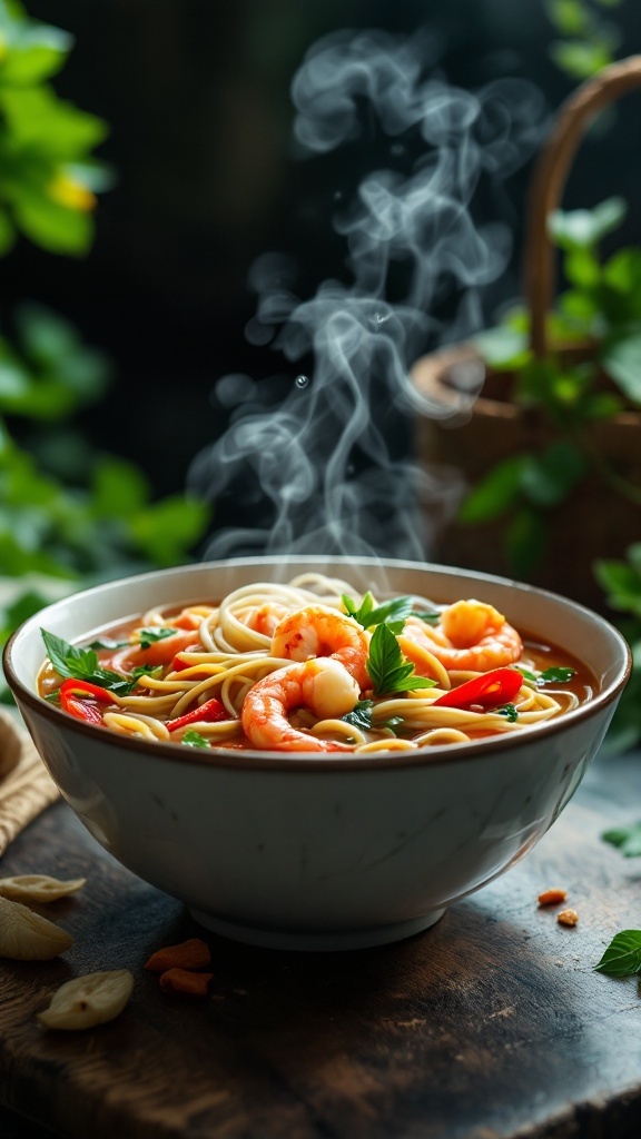 Bowl of steaming Thai shrimp noodle soup with vibrant shrimp, noodles, and fresh herbs