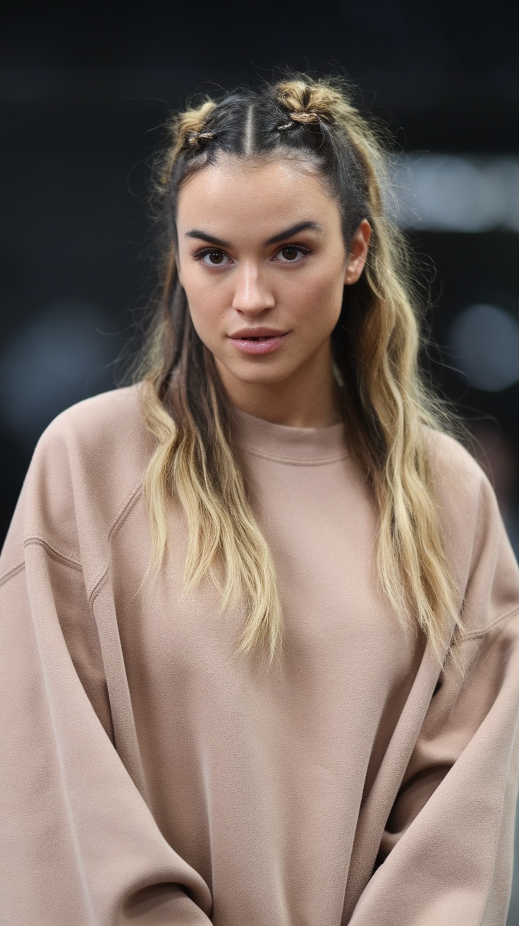 A young woman with half-up twisted knot hairstyle, wearing a beige oversized sweatshirt, featuring wavy hair with braids.