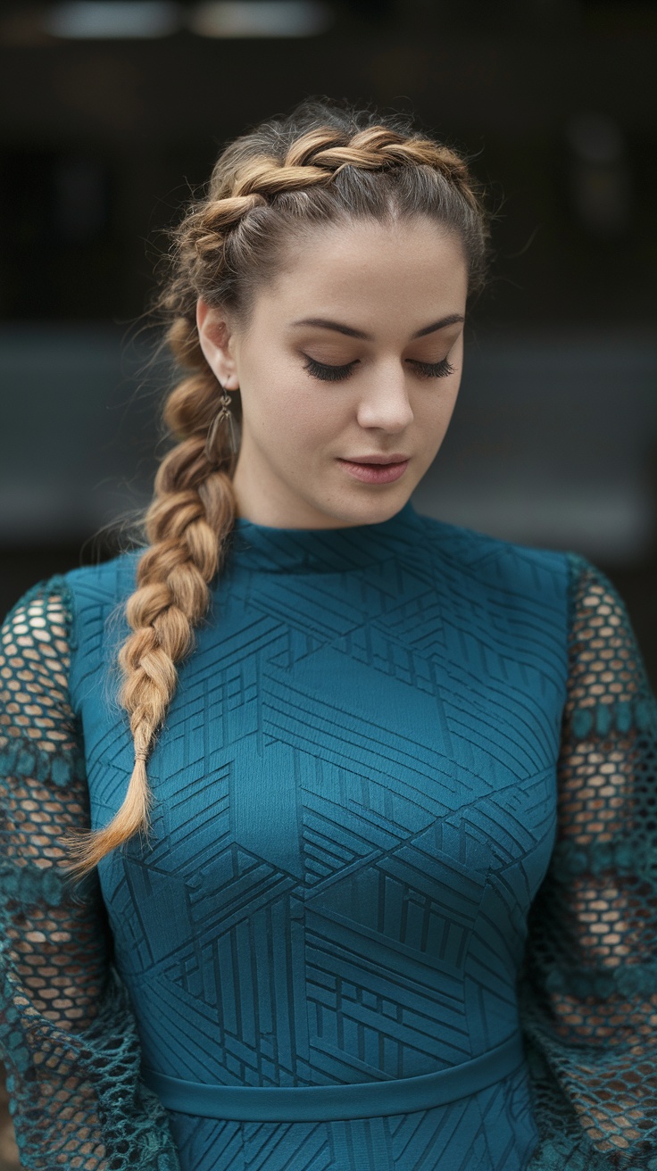 A woman with a half-up infinity braid hairstyle, wearing a teal dress.