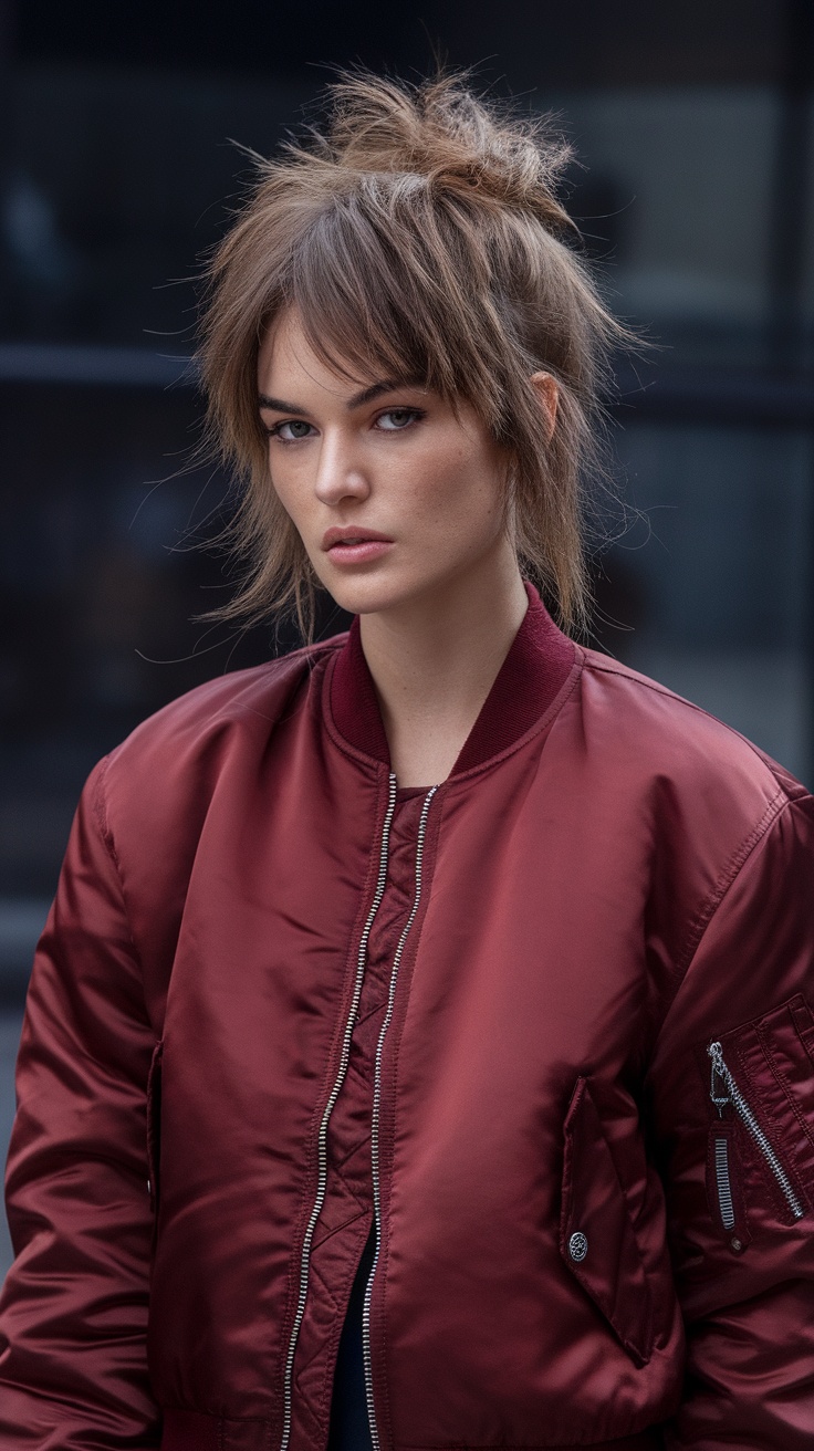 A model with a messy textured bun hairstyle, wearing a maroon bomber jacket.