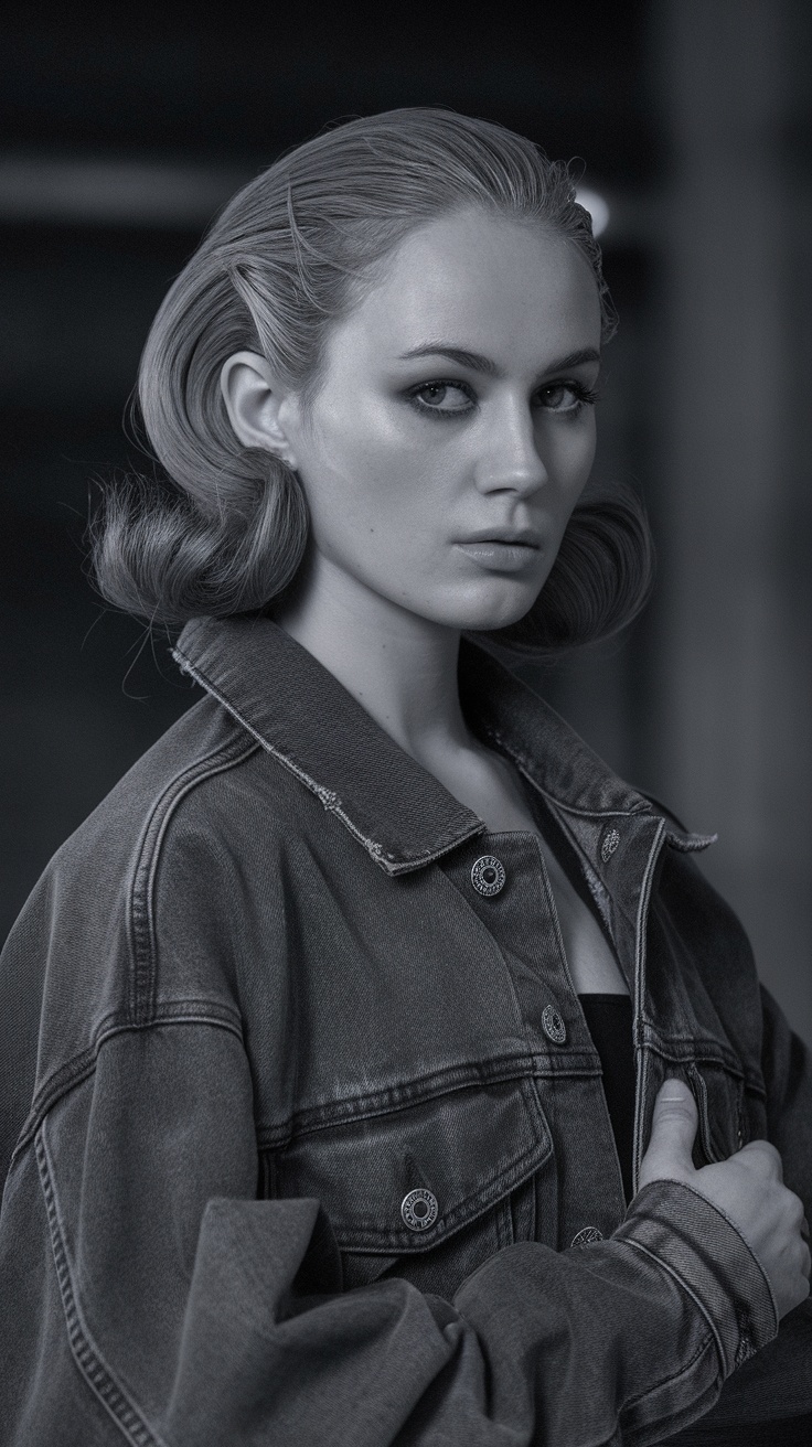 Woman with pinned back Hollywood waves hairstyle, wearing a denim jacket.