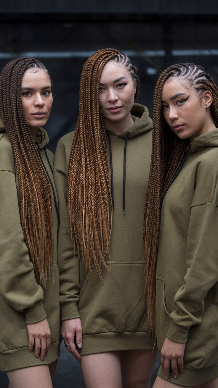 Three individuals with long braids wearing hoodies, showcasing a side-swept Dutch braid hairstyle.