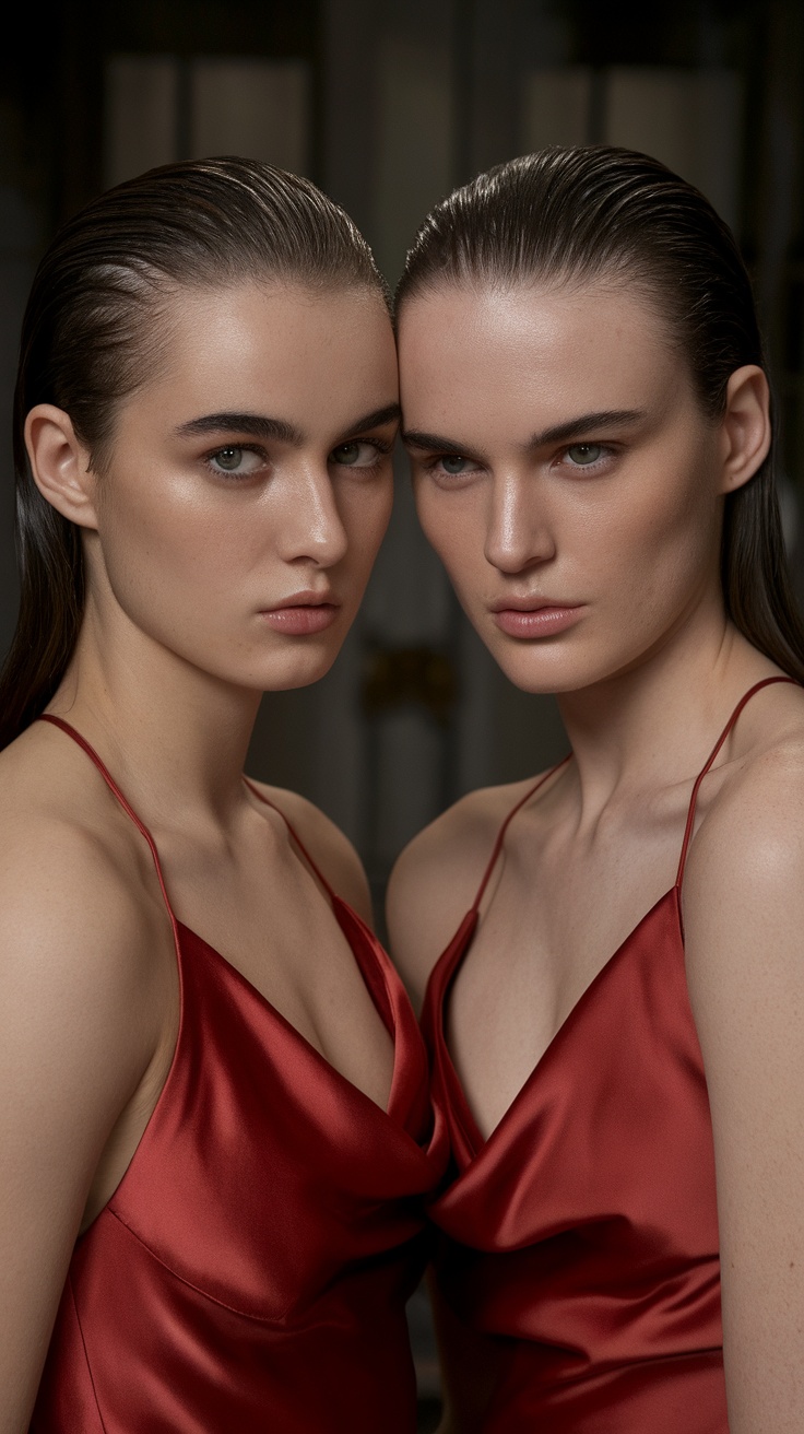 Two models with slicked-back hairstyles wearing red satin dresses.