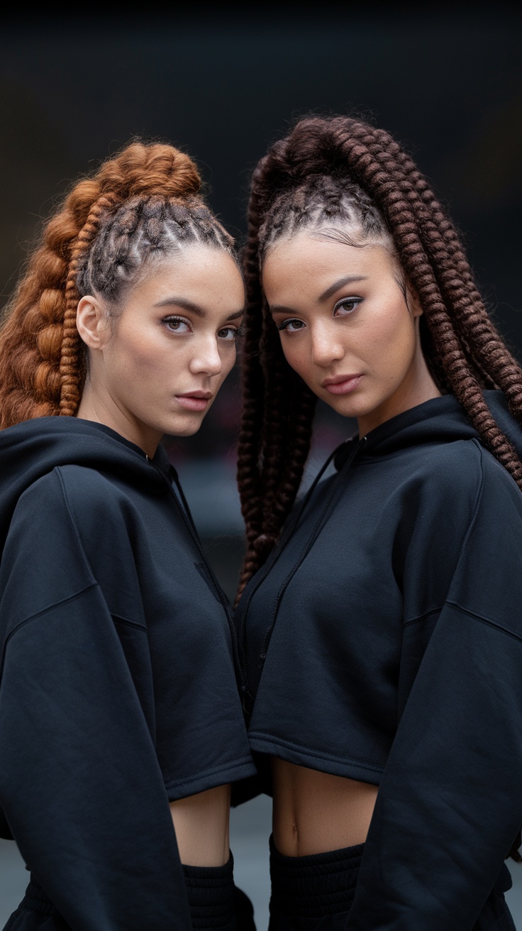 Two young women with wrapped high ponytails wearing black hoodies.