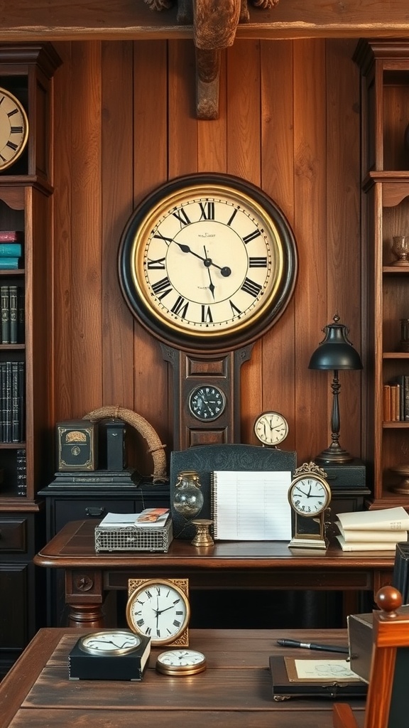 A rustic office with various antique clocks displayed on wooden walls and a desk.