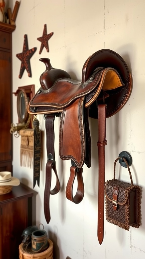 Antique saddle displayed on a wall with rustic decor.