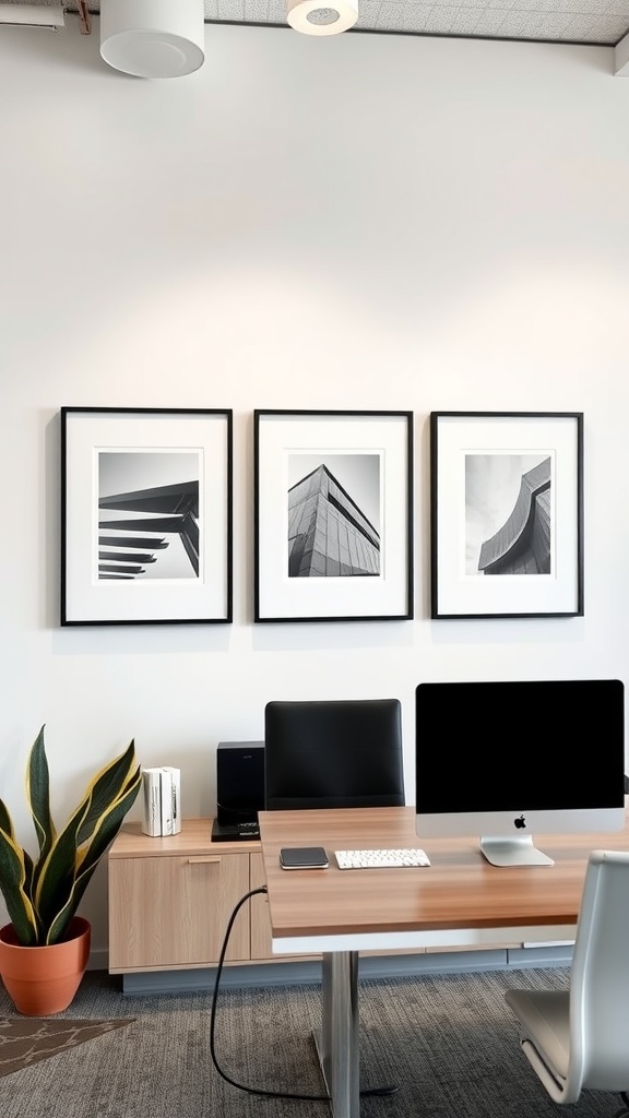 A minimalist office with artful wall displays featuring three black-and-white framed photographs and a tidy desk setup.