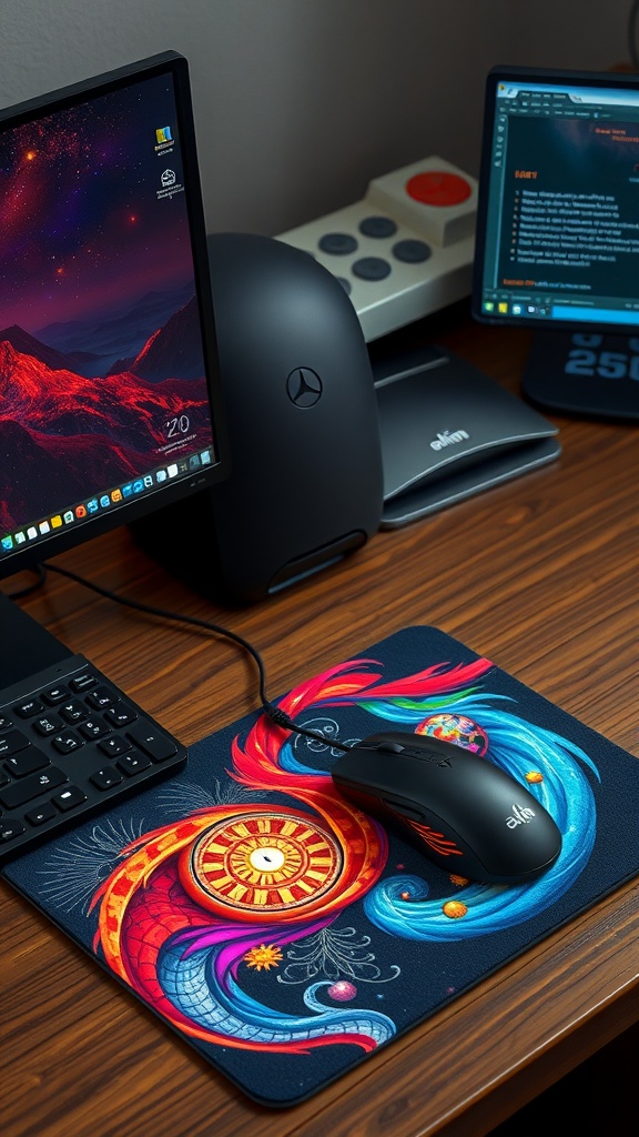 Artistic mouse pad with colorful design on an office desk.