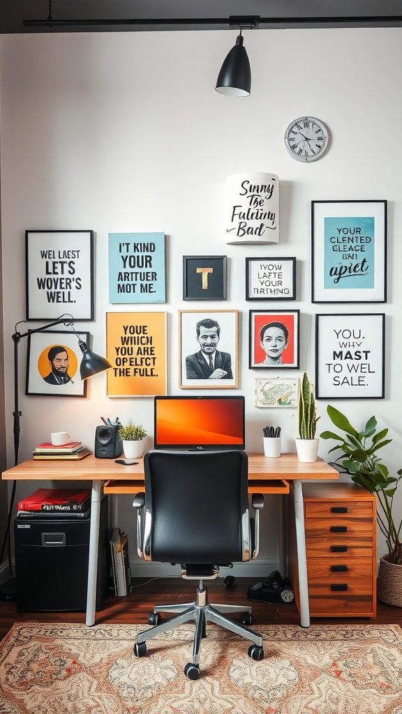 A cozy home office setup featuring a wooden desk with a computer, surrounded by a colorful wall display of framed art and motivational quotes.