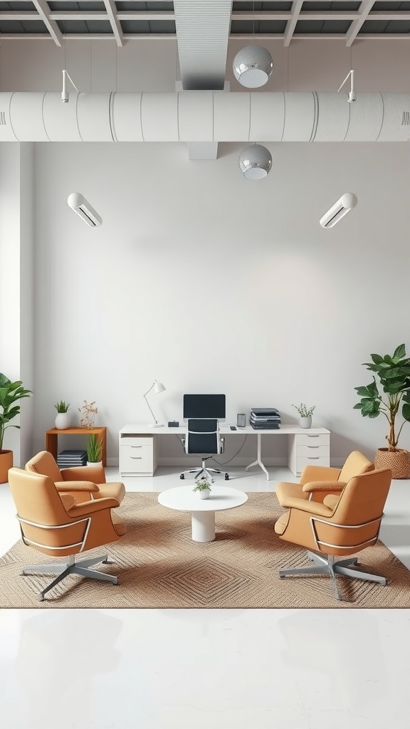 Minimalist office featuring balanced symmetry with orange chairs, a round table, and a white desk.