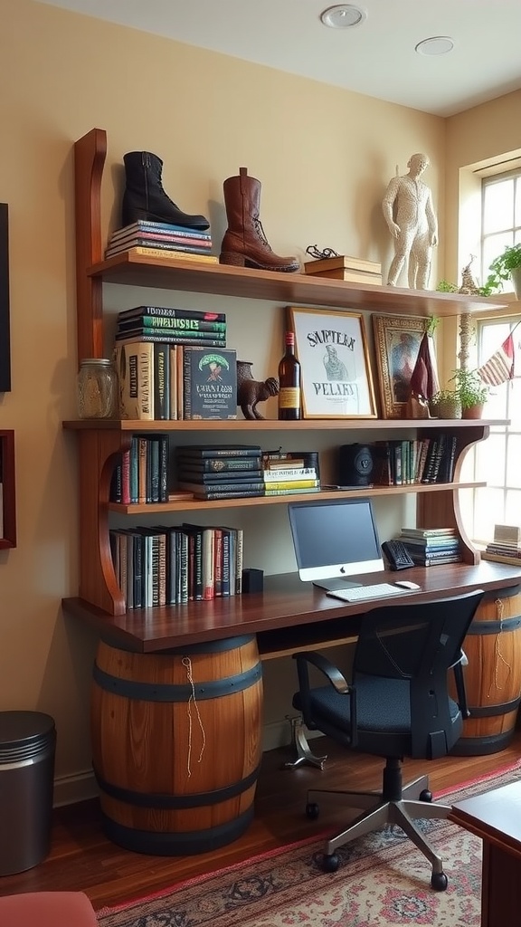 Home office with barrel stave shelving units, featuring books, decorative items, and stylish boots.