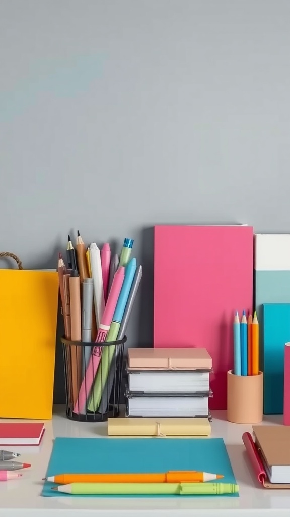 Colorful stationery items arranged on a desk, including pens, notebooks, and sticky notes