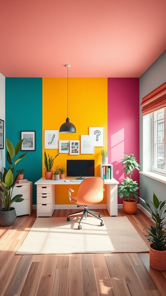 A bright home office with colorful walls, a stylish desk, and potted plants.