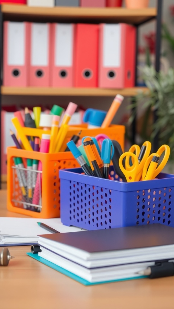 Colorful desk organizers filled with various writing instruments and scissors on a desk.