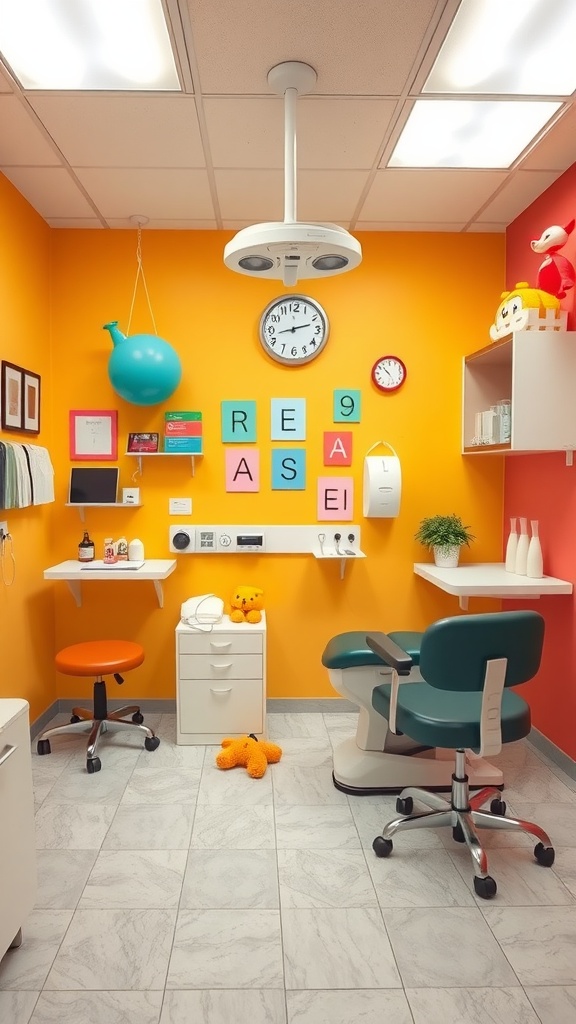 A colorful and inviting exam room with orange walls, teal and orange furniture, and playful decorations.