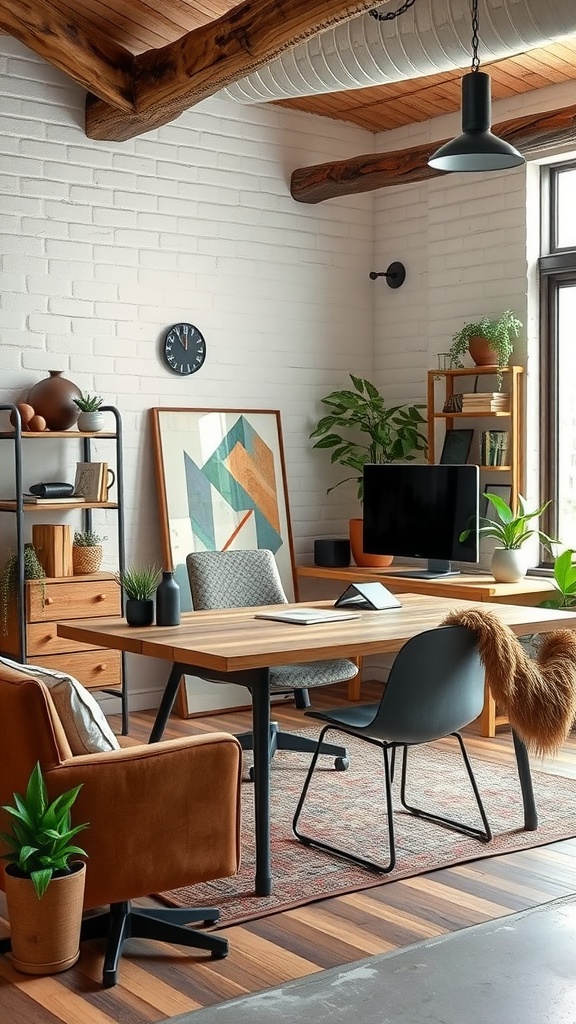 A stylish office featuring a blend of modern and rustic decor, with wooden beams, a wooden desk, and plants.