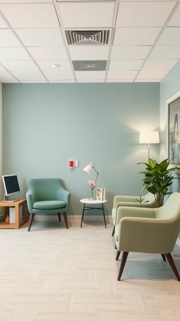 A comfortable patient consultation area in a nurse's office featuring green chairs, a side table, and a plant.