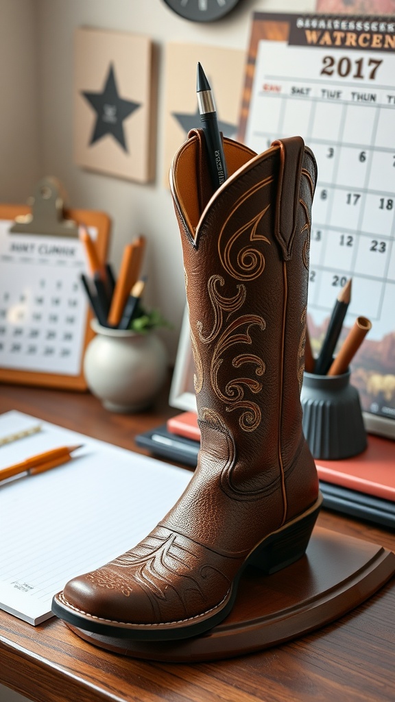 A cowboy boot pen holder with a pen inserted, set on a wooden desk alongside stationery.