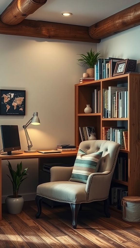 A cozy reading nook featuring an armchair, bookshelf, and desk in a rustic office decor