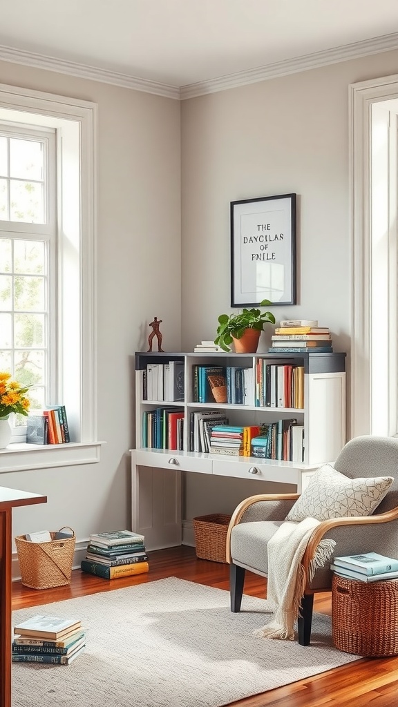 Cozy reading nook in an office with a chair, bookshelf, and natural light.