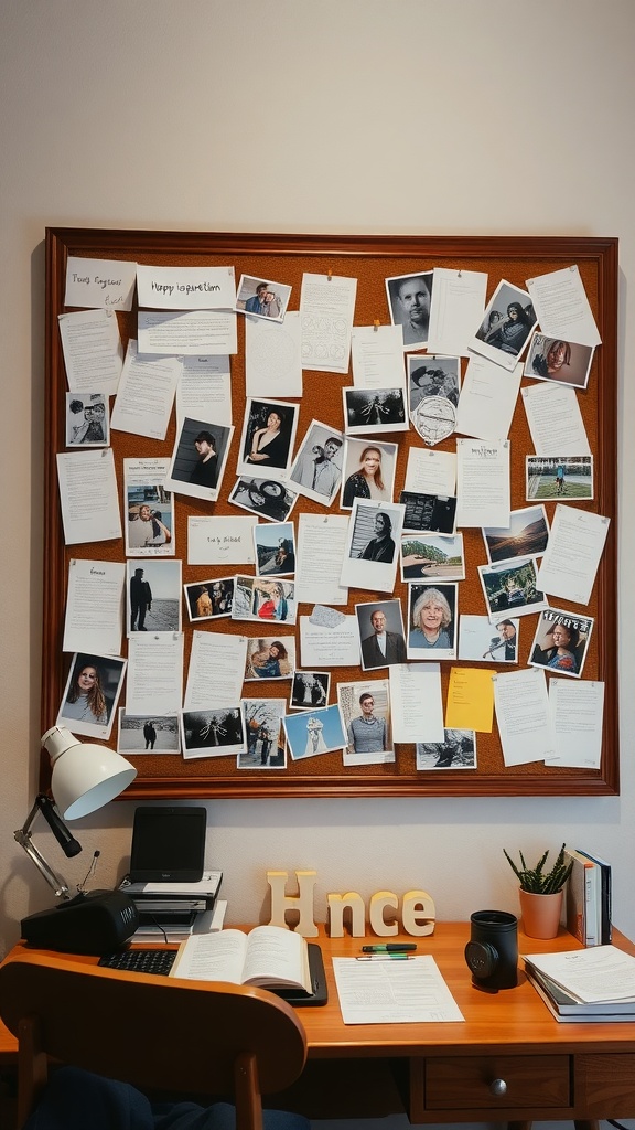 A cluttered bulletin board filled with photographs, notes, and reminders in an office setting.