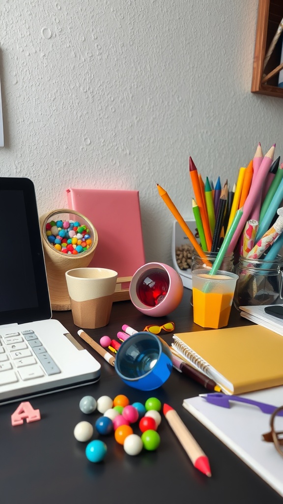 A colorful and organized desk with creative accessories including pencils, colorful balls, a drink, and a laptop.