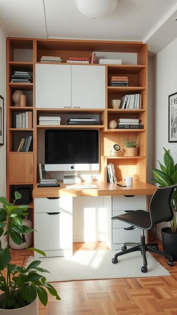 A stylish small home office featuring a desk with storage drawers, shelves with books and plants, and a modern computer setup.