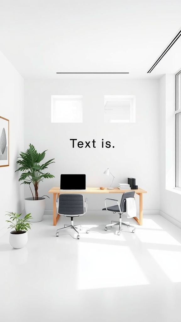 A minimalist office space with a wooden desk, two chairs, a plant, and simple decor.