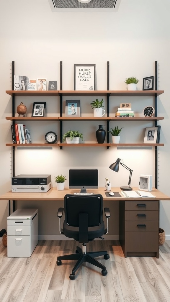 A well-designed nurse office with open shelving, a desk, and decorative elements.