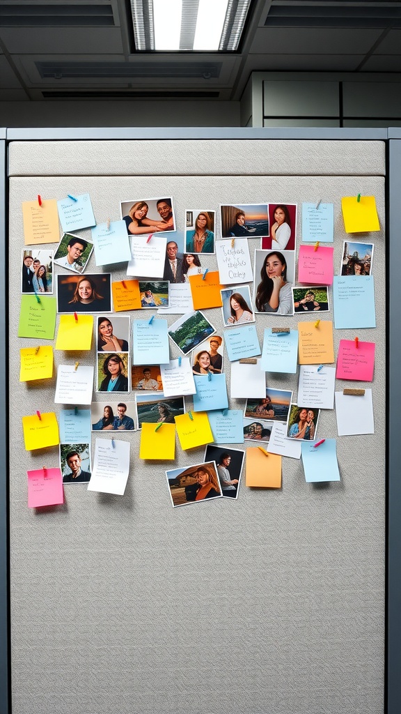 A colorful bulletin board filled with sticky notes and photos on an office cubicle wall.