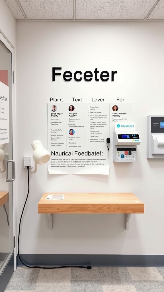 A customizable patient feedback station in a nurse's office, featuring a wooden shelf and clear signage for collecting patient feedback.